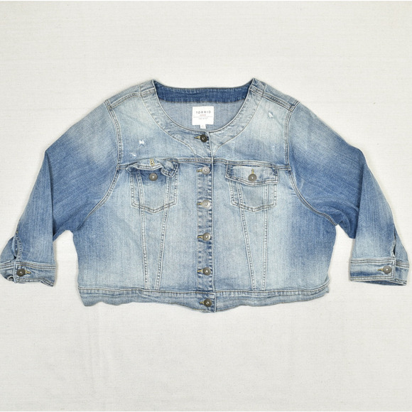 torrid Denim - Torrid Women's Crop Button Jacket Denim 3/4 Sleeve Solid Cotton Blue Plus Size 4